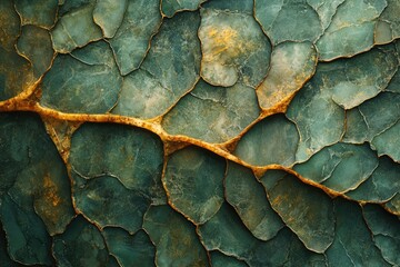 Fototapete - Abstract background with green and gold patterns resembling cracked stone or geodes with an organic feel.