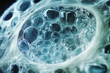 Poster - Abstract close-up of transparent blue bubbles and filaments, creating a textured and organic-looking composition.