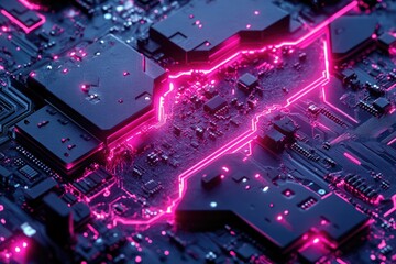 Leinwandbilder - A detailed view of a computer circuit board with vibrant pink lighting highlighting its complex components and intricate connections.