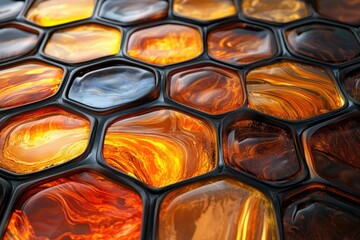 Poster - Close-up of vibrant amber and orange-toned hexagon tiles with a glossy finish, creating a modern artistic pattern.