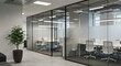 © Laki - Blurred view of modern office space with glass walls and a potted plant near the entrance