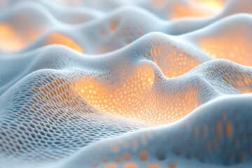 Poster - An abstract illustration of a textured, white undulating surface with glowing orange light shining through cellular holes.