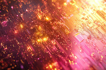 Poster - Abstract close-up of a glowing circuit board, showcasing intricate circuitry and vibrant colors.