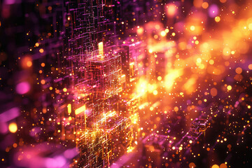 Poster - Abstract digital art depicting glowing interconnected cubes and particles, representing data flow and technology.
