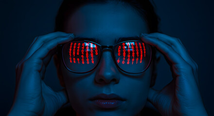 Binary Code Reflection: Woman with Glasses in Blue Light.