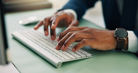 Aufkleber - Business person, hands and typing with keyboard for email, online communication or browsing at office desk. Closeup, employee or researcher with computer for network, journalism or company report