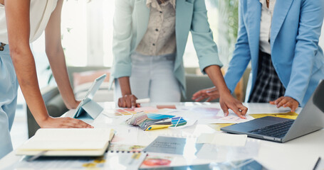 Poster - Designer, color swatch and hands of business people in meeting for interior decor, moodboard and teamwork. Palette option, brainstorming and creative agency with employees in startup for remodeling