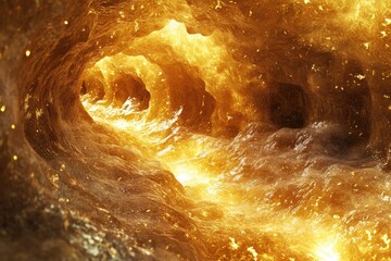 Leinwandbilder - A golden tunnel shines with light, textured with organic shapes, suggesting a passage or microscopic view.