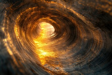 Aufkleber - Abstract image of a tunnel with walls with abstract textures and bright golden light coming from the end of the tunnel.