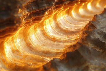 Aufkleber - Golden layers create an abstract, wave-like pattern resembling textured geological formations illuminated by a warm, vibrant light.