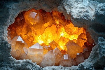 Poster - A breathtaking geode filled with luminous, honey-colored quartz crystals, sparkling with an inner glow nestled in rock formation.