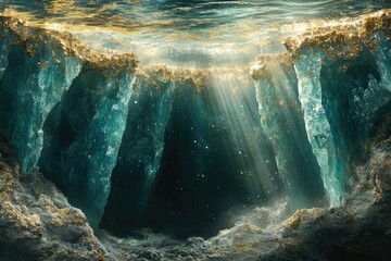 Wall Mural - Underwater cave illuminated by sunlight filtering through the water, creating a mystical and ethereal atmosphere with shimmering light rays.