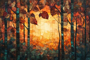 Wall Mural - an abstract mosaic of a forest with leaves in fall colors, bathed in the warm glow of a setting sun.