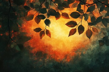 Wall Mural - artistic rendering of leaves against a warm, glowing sunset backdrop, with a dreamy and ethereal fee