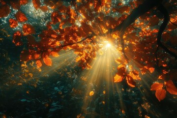 Wall Mural - golden sunlight streams through autumn leaves, creating a magical and ethereal scene in the forest c