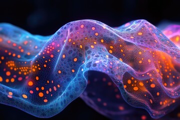 Poster - Abstract wave-like structure with vibrant blue, purple, and orange hues, adorned with scattered dots for a visually striking effect.
