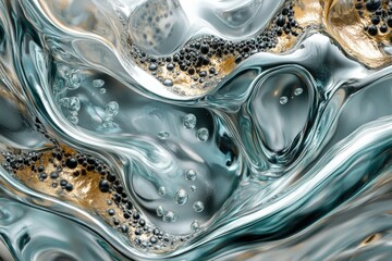 Leinwandbilder - Abstract liquid silver with gold accents and interspersed bubbles, creating a visually interesting and dynamic surface texture.