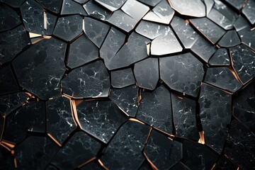 Poster - Abstract black marble tiles with golden edges form a unique, geometric pattern.