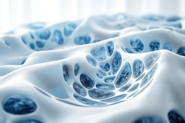 Fototapete - Abstract illustration showcasing a white material with blue cell-like structures, emphasizing depth and organic patterns.
