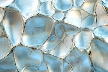 Fototapete - Close-up of translucent, irregular shapes with soft blue and white tones, resembling ice or frozen water.