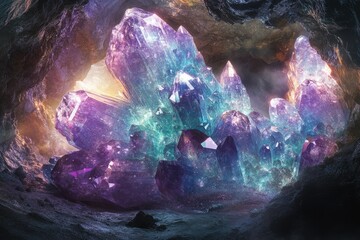 Poster - A cluster of large, vibrant amethyst crystals glows softly within a dark, rocky cave, illuminated by a hidden light source.