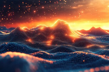 Poster - Abstract landscape with glowing mountains under a vibrant orange sky, resembling a digital or futuristic world.