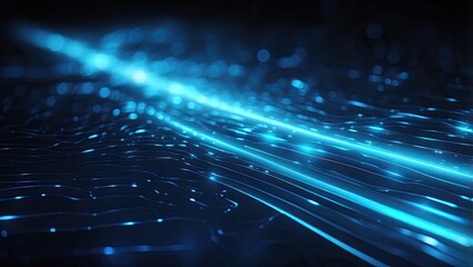 Abstract digital landscape with blue wavy lines converging towards the horizon under a dark