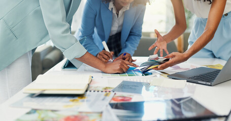 Poster - Creative, color swatch and hands of business people in meeting for interior decor, moodboard and teamwork. Palette option, brainstorming and design agency with employees in startup for remodeling