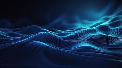Abstract digital landscape with blue wavy lines converging towards the horizon under a dark