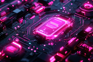Poster - Glowing pink circuits and a central processing unit on a futuristic motherboard.