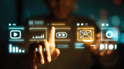 Aufkleber - person interacts with digital interface displaying various icons and graphs, symbolizing data analysis and engagement metrics. glowing elements suggest futuristic and innovative approach