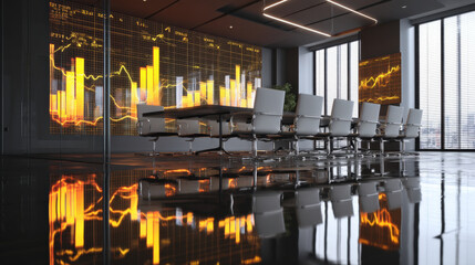 Aufkleber - modern corporate meeting room features glowing financial strategy data on digital screens, reflecting on polished floor. room is equipped with sleek chairs and large table