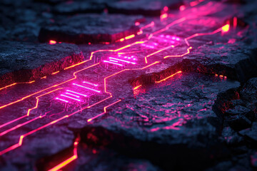 Poster - Glowing pink circuit lines etched onto a dark, rough stone surface, futuristic technology concept.