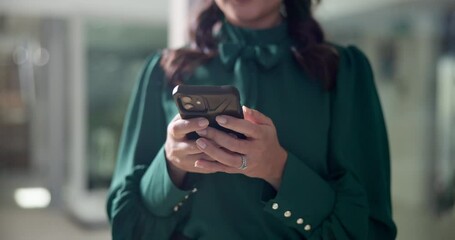 Fototapete - Hands, phone and text message with business woman closeup in office for alert, communication or notification. App, contact or update with professional employee typing on mobile for internet search