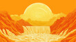 © Photo Graphic Stock - vibrant orange and yellow surreal landscape with glowing sun, mountains, and cascading waterfall