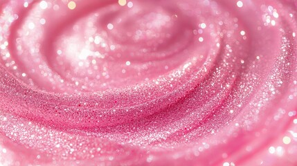 Close up of a swirling pattern of pink glitter with bokeh lights creating a dreamy effect