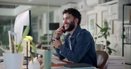 Aufkleber - Phone call, discussion and man in office for review on creative project with client at night. Cellphone, business and male magazine editor on mobile conversation for positive feedback in workplace.