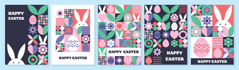 Wall Mural - set of geometric easter greeting card. abstract background with bunny, egg and flower. vector illust
