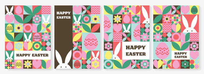 Wall Mural - easter bunny, egg and flower background. collection of geometric greeting cards with cartoon element