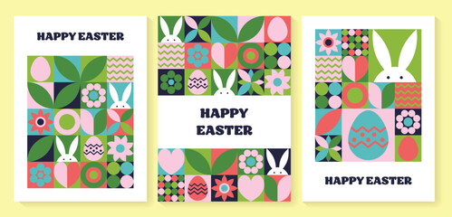 Wall Mural - easter bunny, egg and flower background. collection of geometric greeting cards with cartoon element