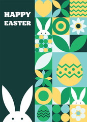 Wall Mural - easter greeting card in geometric style. mosaic background with bunny, egg and flower. abstract desi