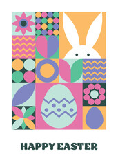 Wall Mural - easter bunny, egg and flower background. geometric greeting card with cartoon elements. vector illus