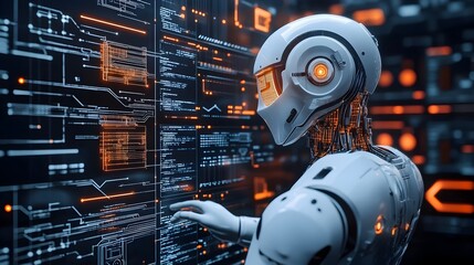 A futuristic white robot examines complex digital code displayed on a large futuristic screen in a dark technological environment.