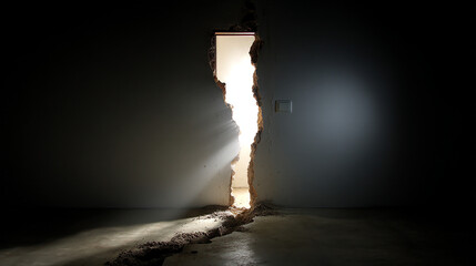 Wall Mural - Narrow light breaking into void through a cracked door