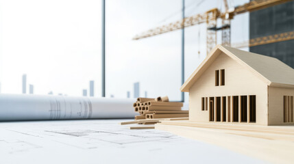 Construction model on blueprints at a building site with cranes visible in the background