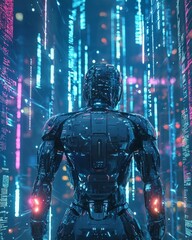 A robot stands in front of glowing data streams, surrounded by digital code and a futuristic cityscape