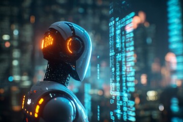 A robot stands in front of glowing data streams, surrounded by digital code and a futuristic cityscape