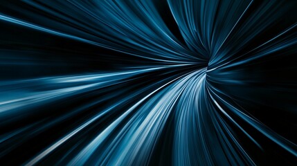 Wall Mural - abstract blue and white light trails converging toward a central point on black.