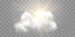 © Leonid - Vector realistic sunny-cloudy sky. Sunlight and cloud texture, nature sky. Vector weather element on png background. Glow light effect with cloud, smoke, fog. Isolated on transparent background.