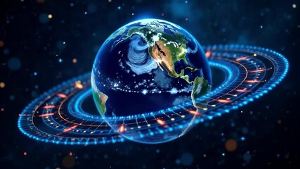 Wall Mural - A stunning view of Earth spinning gracefully in a cosmic space filled with glowing rings and swirling patterns. The scene captures the wonder of our planet amidst the vast universe.